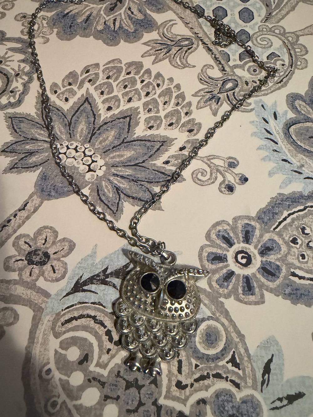 Silver Owl Pendant Necklace with Black Accent Eyes
